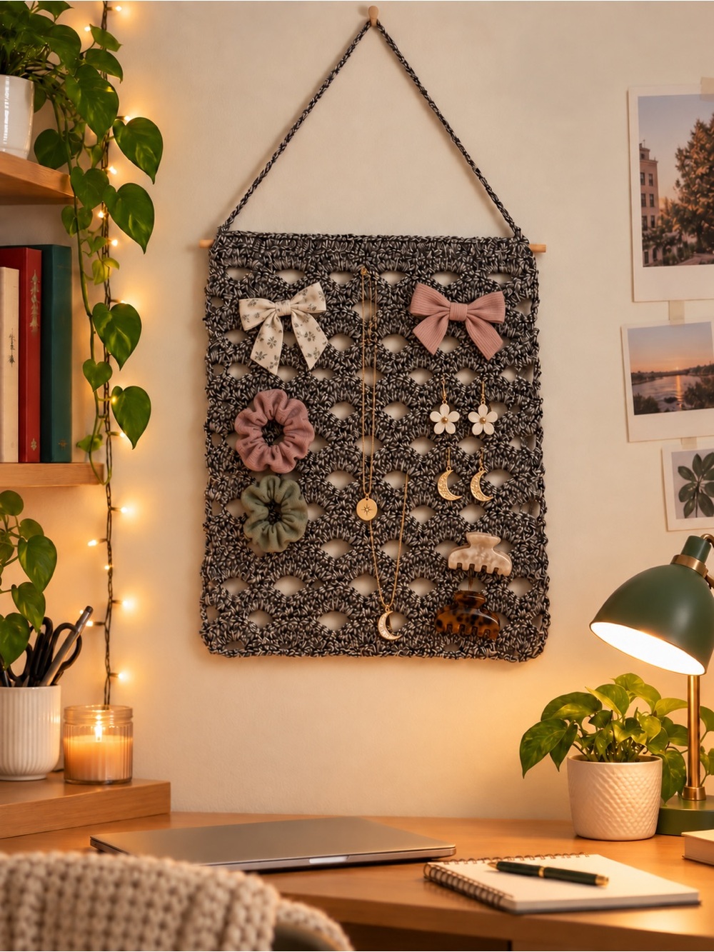 Handmade Crochet Wall Organizer | Gray Accessory & Jewelry Holder - Picture 2 of 5